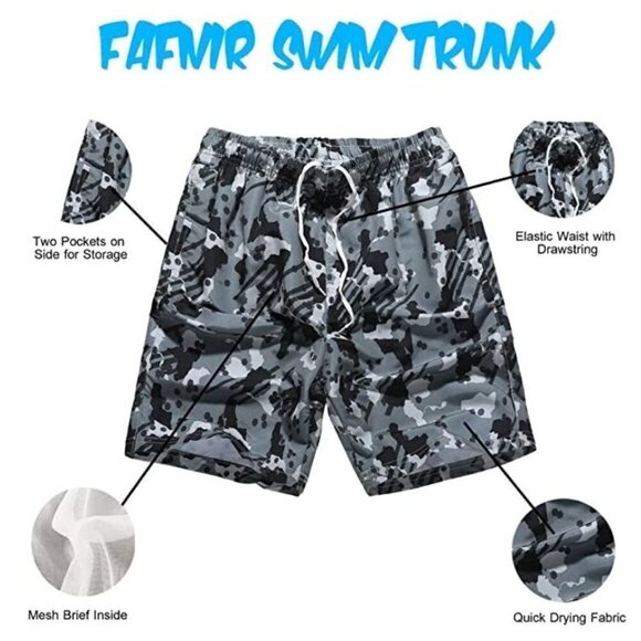 FAFNIR Men's Small Trunks Swim Suit Quick Dry Boardshorts Beach Shorts Gray Camo - Picture 2 of 4
